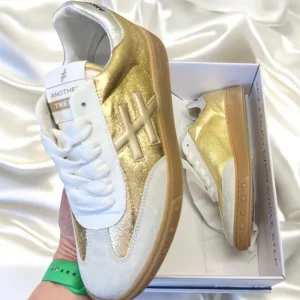 Another Trend Ladies Gold Shimmer/Grey Leather Gum Sole Trainer A0381343