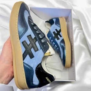 Another Trend Ladies Light Grey/Blue Leather Gum Sole Trainer A03276C8