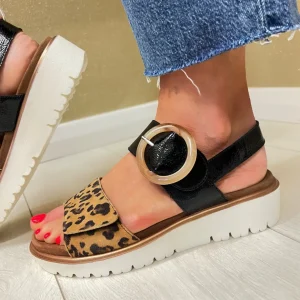 Ara Ladies Black/Leopard Suede Leather Velcro Sandal 12-3350