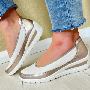 Ara Ladies Gold Metallic/Cream Leather Wedge Loafer Shoe 50664