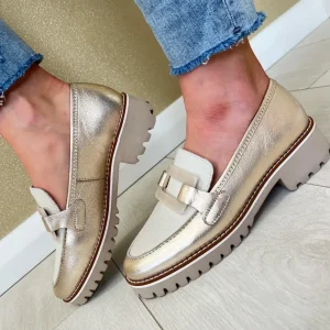 Ara Ladies Gold Metallic/Cream Leather Lightweight Loafer Shoe 31245