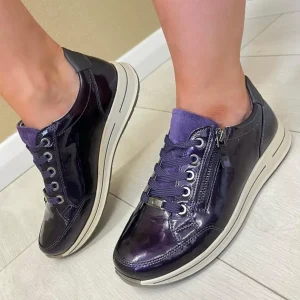 Ara Ladies Plum Patent Leather Laced/Zip Trainer 54801