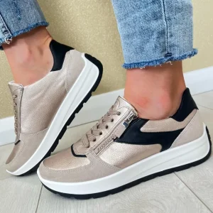 Ara Ladies Taupe Metallic/Sand/Black Leather Laced/Zip Trainer 25112