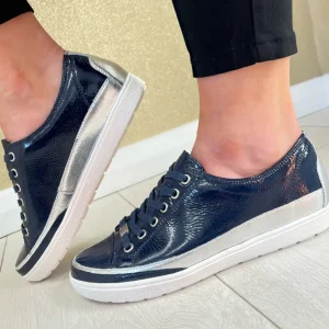Caprice Navy Patent Leather Combination Laced Trainer 23654-42 880