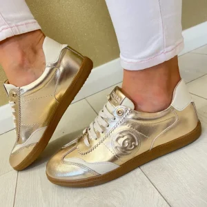 Carmela Ladies Gold Metallic Leather Laced Trainer 162060