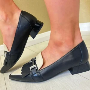 Hispanitas Ladies Black/Cream Combination Block Heel Loafer Shoe 243573