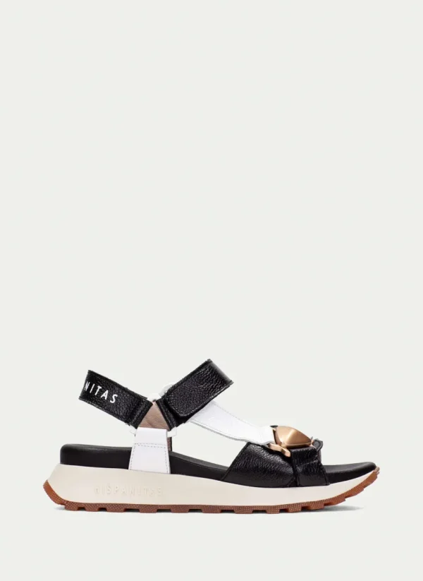 Hispanitas Ladies Black/White Leather Velcro Sandal 253896