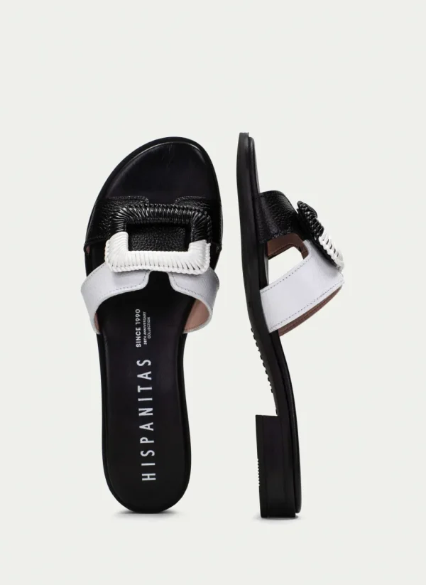 Hispanitas Ladies Black/White Leather Mule Slider Sandal 253881