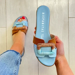Hispanitas Ladies Blue/Tan Leather Mule Slider Sandal 253881