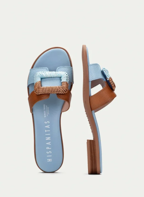 Hispanitas Ladies Blue/Tan Leather Mule Slider Sandal 253881