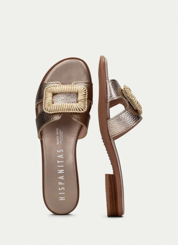 Hispanitas Ladies Gold Metallic Leather Mule Slider Sandal 253881