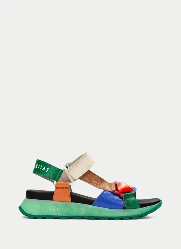 Hispanitas Ladies Green/Multi Colour Leather Velcro Sandal 253896