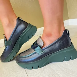 Hispanitas Ladies Navy/Green Combination Leather Chain Loafer Shoe 243631