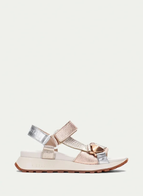 Hispanitas Ladies Silver/Copper Metallic Leather Velcro Sandal 253896