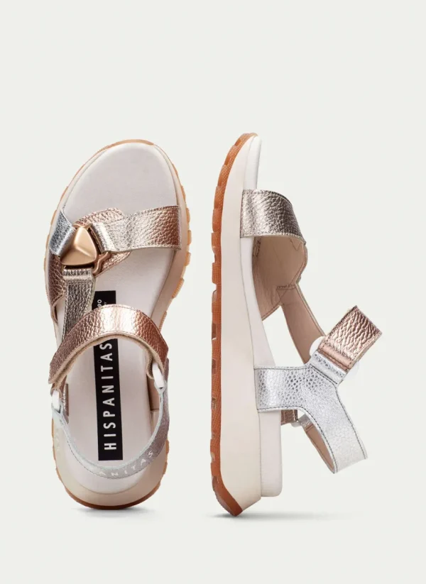 Hispanitas Ladies Silver/Copper Metallic Leather Velcro Sandal 253896