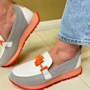 Hispanitas Ladies White/Coral Combination Leather Chain Loafer Shoe 253919