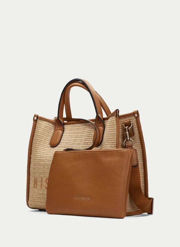 Hispanitas Tan Leather Natural Straw Tote Bag BV253833