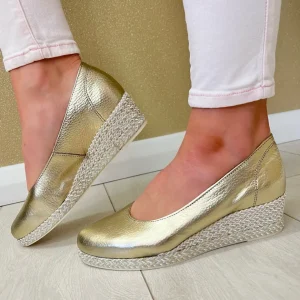 Jose Saenz Gold Metallic Leather Espadrille Low Wedge Loafer Shoe 3600-M