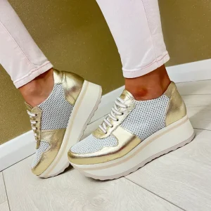 Jose Saenz Ladies Gold Metallic/White Laced Platform Trainer 3536-NM-R