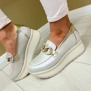 Jose Saenz Ladies Ice/Gold Leather Chain Platform Loafer 3539-II-M