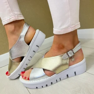 Jose Saenz Ladies Silver/Gold Metallic Crossover Slingback Sandal 4440-M