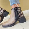 Jose Saenz Ladies Taupe/Black Leather Block Heel Ankle Boot 5204-BG-KP