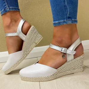 Jose Saenz Ladies White/Silver Sling Back Wedge Sandal 6038-L-M