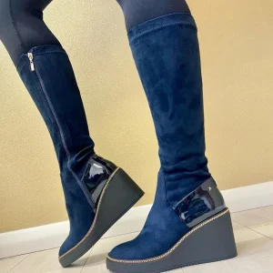 Kate Appleby Ladies Navy Faux Suede Sparkle Wedge Knee Boot CAILEDUN