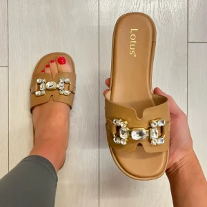 Lotus Ladies Tan Diamante Chain Flat Slider Sandal FANO