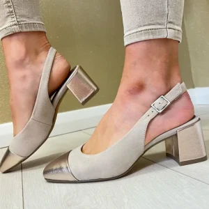 Marco Tozzi Beige/Gold Metallic Comb Block Heel Sandal 29610-42