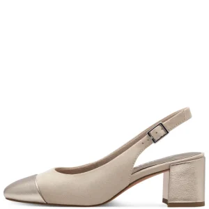 Marco Tozzi Beige/Gold Metallic Comb Block Heel Sandal 29610-42