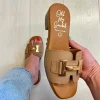 Oh My Sandals Ladies Tan Soft Leather Gold Chain Mule Sandal 5605