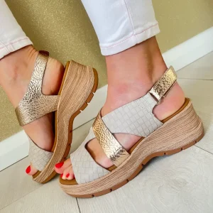 Paula Urban Beige/Gold Metallic Crossover Strap Platform Wedge Sandal 27-671