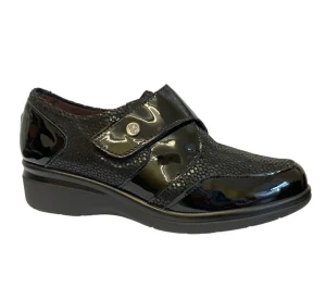 Pitillos Ladies Black Patent Combination Wedge Velcro Shoe 5311