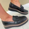 Pitillos Ladies Black Patent Slip-On Chain Loafer Shoe 10070