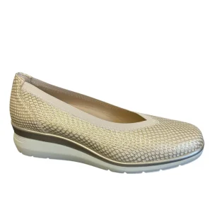 Pitillos Ladies Gold Croc Leather Low Wedge Loafer Shoe 10373