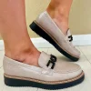 Pitillos Ladies Taupe Patent Slip-On Chain Loafer Shoe 10070