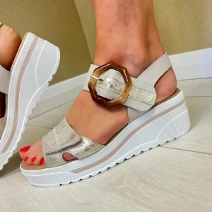 Redz Ladies Beige/Gold Velcro Straps Wedge Sandal T42-203
