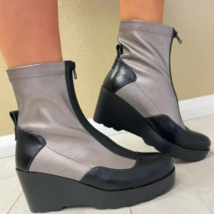 Redz Ladies Pewter Multi Zip-Front Wedge Ankle Boot F1736