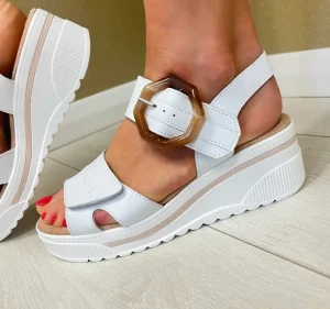 Redz Ladies White Velcro Straps Wedge Sandal T42-203