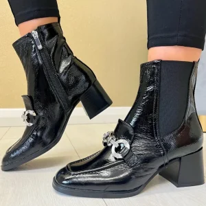 Regarde Le Ciel Black Patent Leather Block Heeled Chain Ankle Boot VANESSA-03
