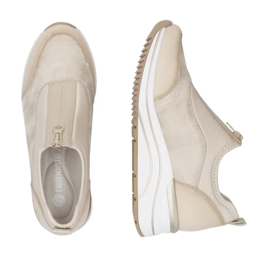 remonte_ladies_beige_comb_1.webp Remonte Ladies Beige Combination Zip-Front Wedge Trainer D0T08-61