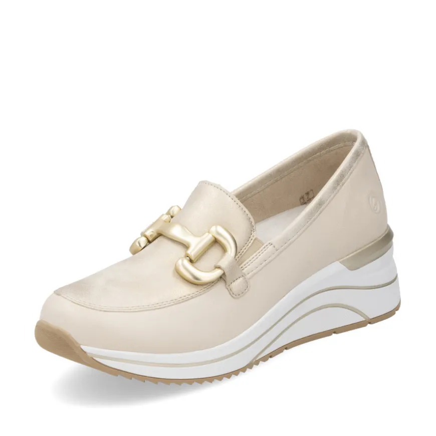 remonte_ladies_beigemetal_0-1.webp Remonte Ladies Beige/Metallic Wedge Gold Chain Loafer Shoe R0T12-60