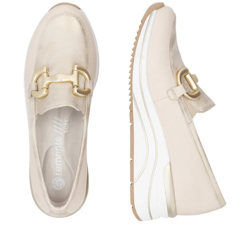 remonte_ladies_beigemetal_1.webp Remonte Ladies Beige/Metallic Wedge Gold Chain Loafer Shoe R0T12-60