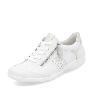 Remonte Ladies White/Gold Leather Laced/Zip Trainer R3404-82