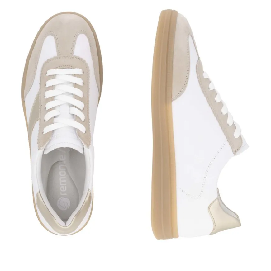 remonte_ladies_whitegold__1-1.webp Remonte Ladies White/Gold Suede/Leather Laced Trainer D2C01-81