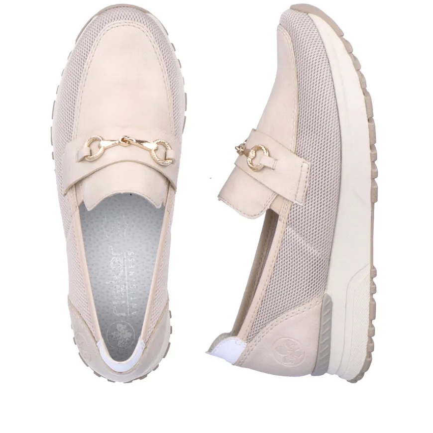 rieker_ladies_beige_combi_1-2.webp Rieker Ladies Beige Combination Gold Chain Loafer Shoe N7455-60