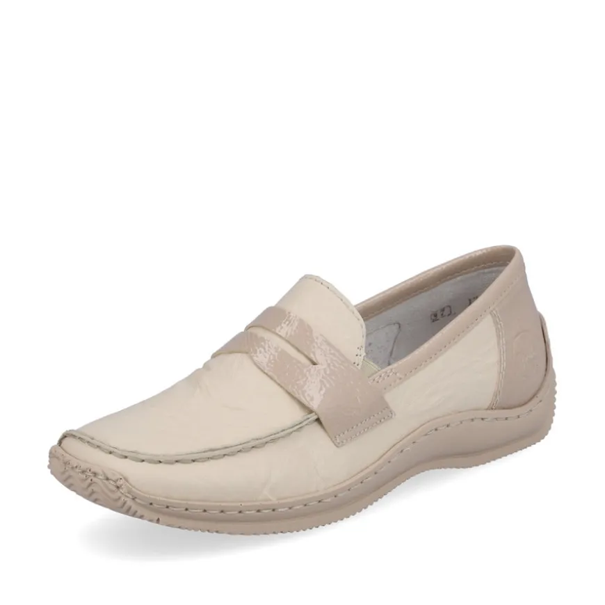 rieker_ladies_beige_leath_0.webp Rieker Ladies Beige Leather/Patent Combination Slip-On Flat Loafer Shoe L1752-60