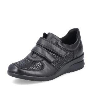 Rieker Ladies Black Combination Stretch Fit Low Wedge Velcro Shoe L4868-00