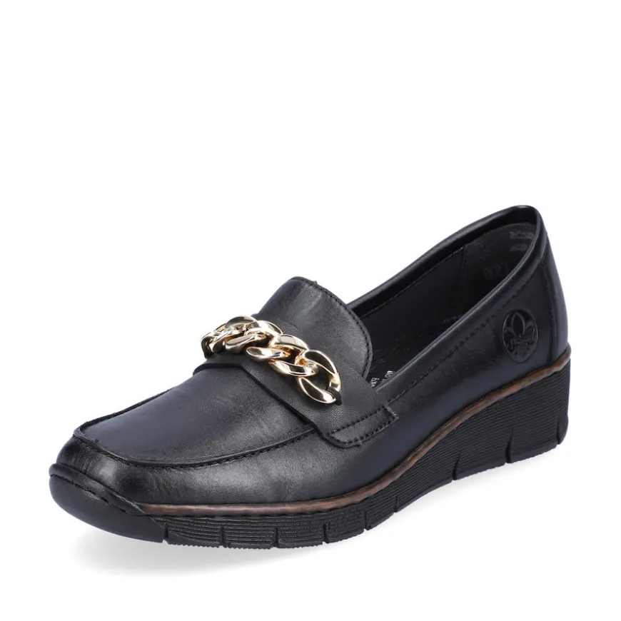 rieker_ladies_black_gold__0.webp Rieker Ladies Black Gold Chain Wedge Loafer Shoe 53777-00